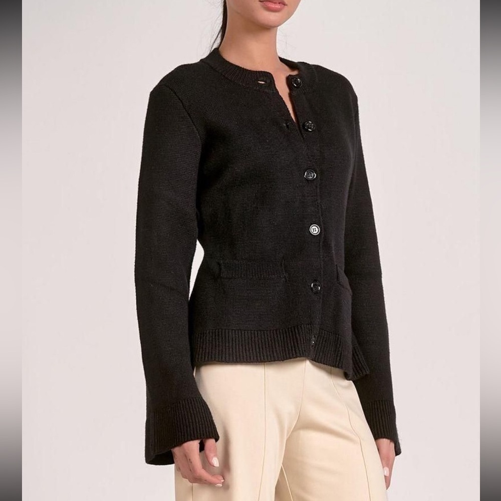 Elan Black Sweater Crewneck Flair Sleeve Button Up
